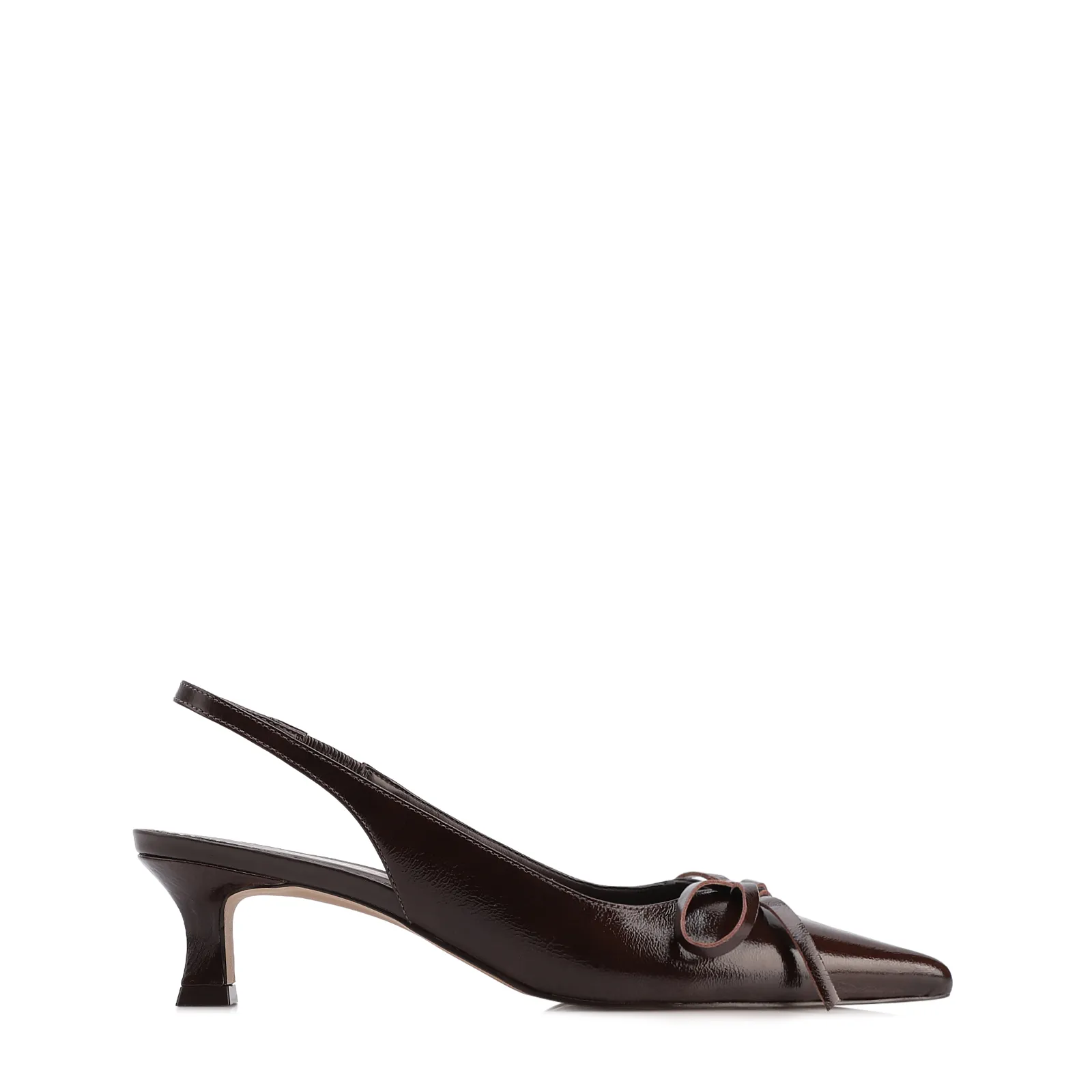 Scarpin Marrom Escuro Salto Baixo Couro Slingback Maxi Laço