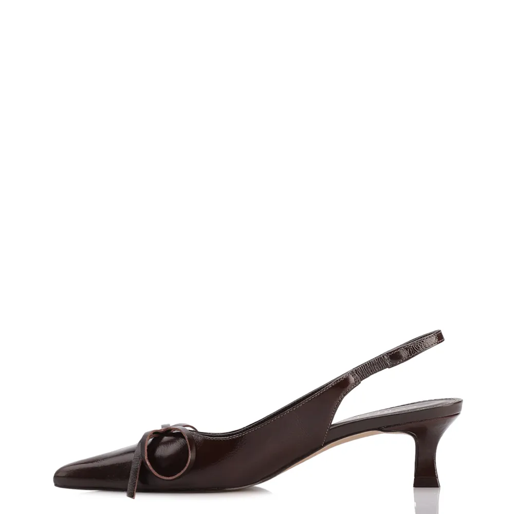 Scarpin Marrom Escuro Salto Baixo Couro Slingback Maxi Laço - imagem 5