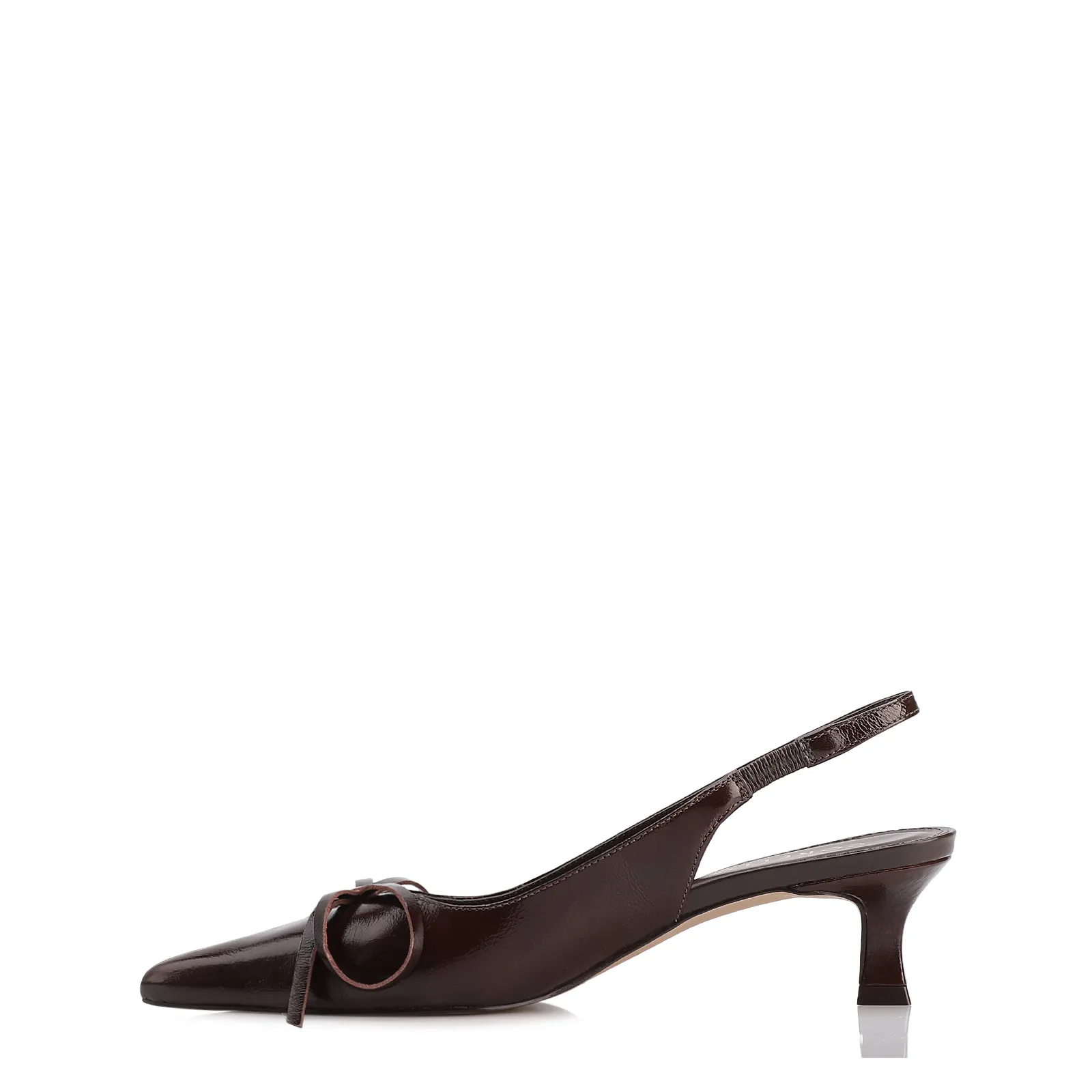 Scarpin Marrom Escuro Salto Baixo Couro Slingback Maxi Laço