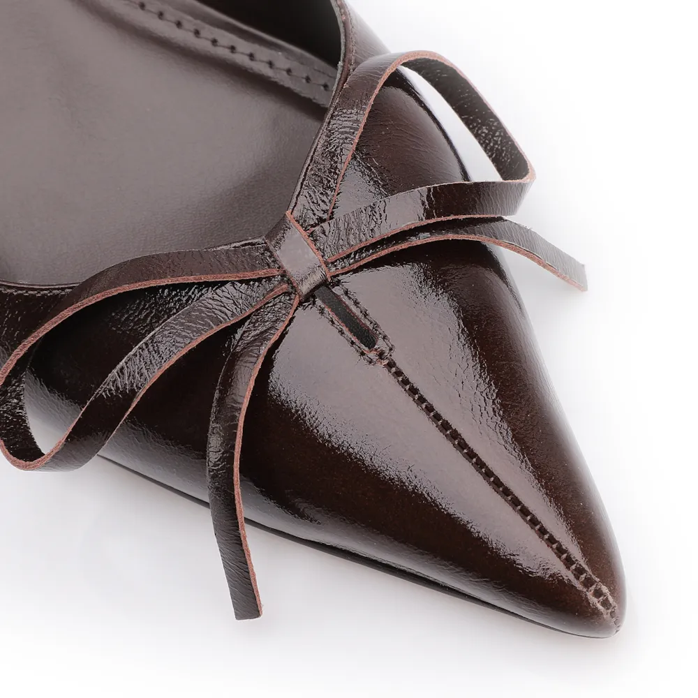 Scarpin Marrom Escuro Salto Baixo Couro Slingback Maxi Laço - imagem 7