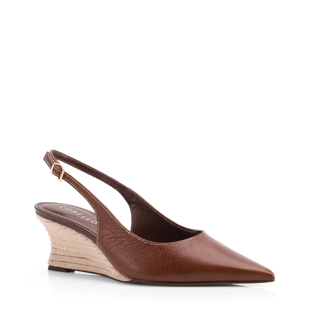 Scarpin Marrom Salto Anabela Médio Sisal Couro Antique Slingback