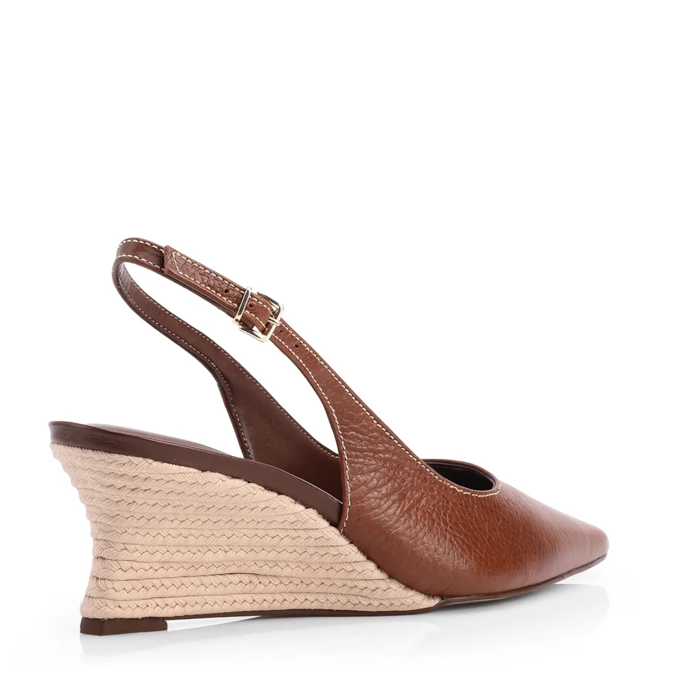 Scarpin Marrom Salto Anabela Médio Sisal Couro Antique Slingback - imagem 3