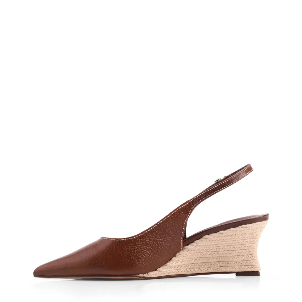 Scarpin Marrom Salto Anabela Médio Sisal Couro Antique Slingback - imagem 4