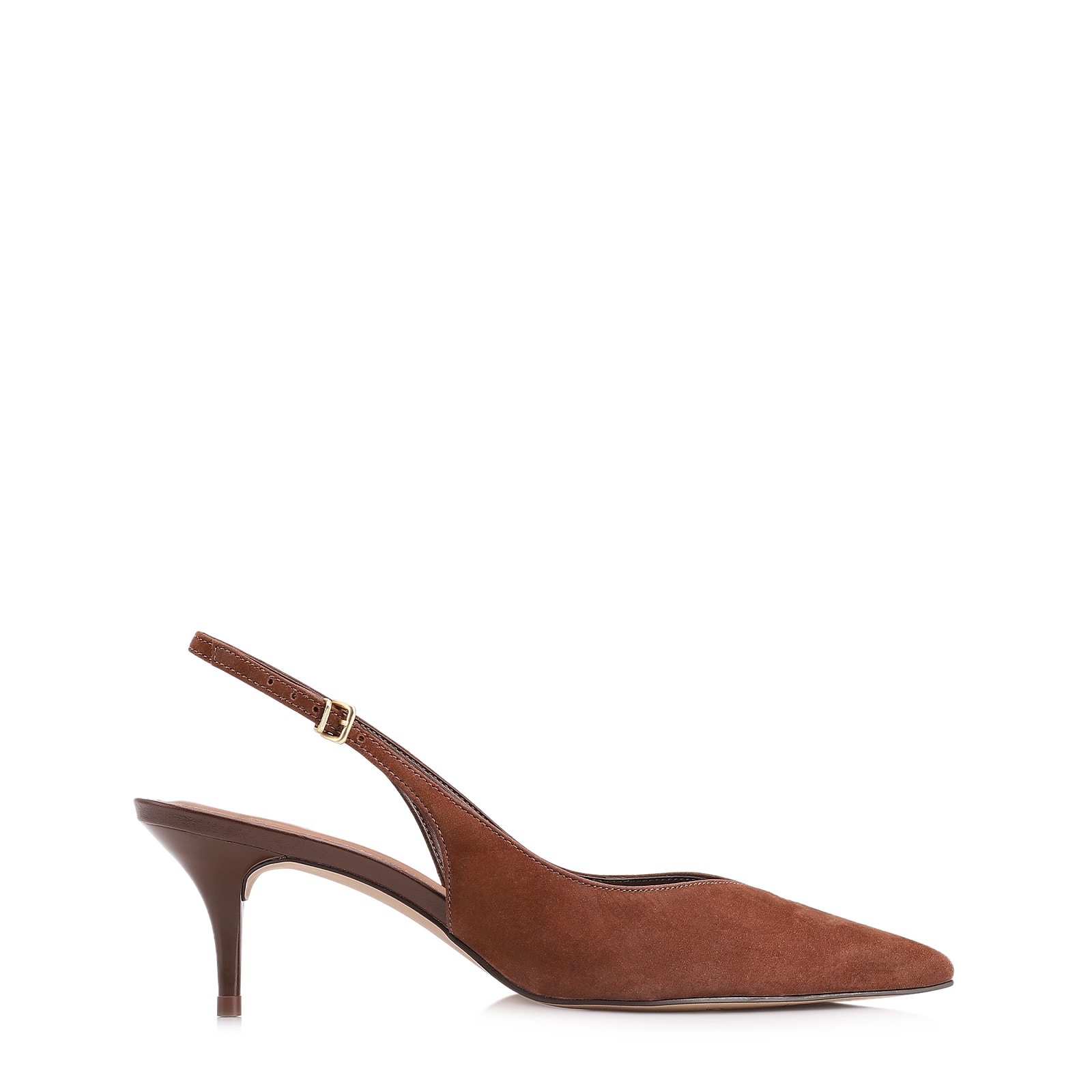 Scarpin Marrom Salto Baixo Fino Couro Nobuck Slingback