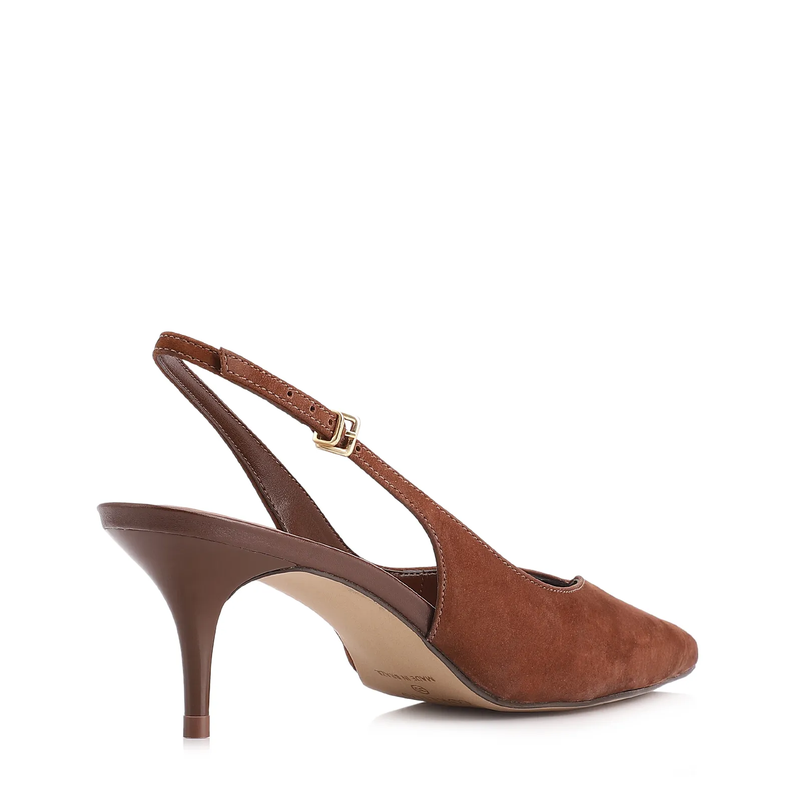 Scarpin Marrom Salto Baixo Fino Couro Nobuck Slingback