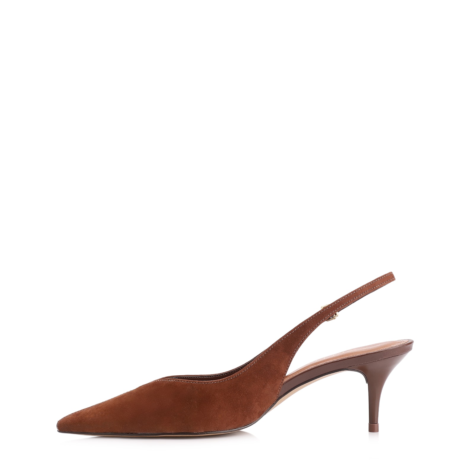 Scarpin Marrom Salto Baixo Fino Couro Nobuck Slingback