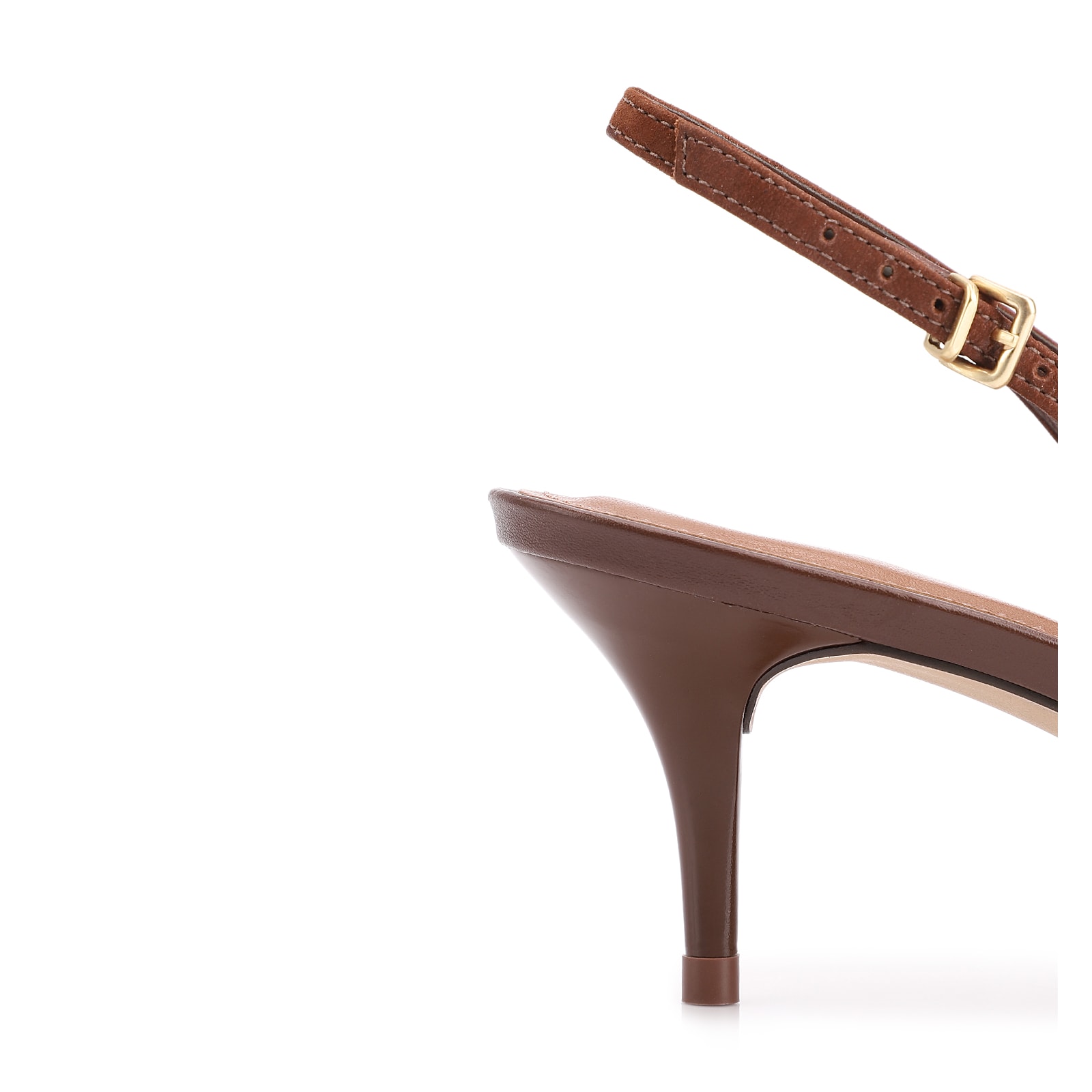 Scarpin Marrom Salto Baixo Fino Couro Nobuck Slingback