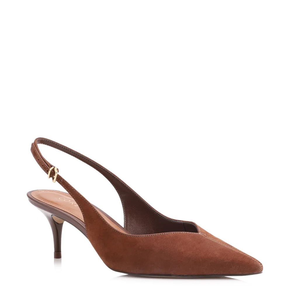 Scarpin Marrom Salto Baixo Fino Couro Nobuck Slingback