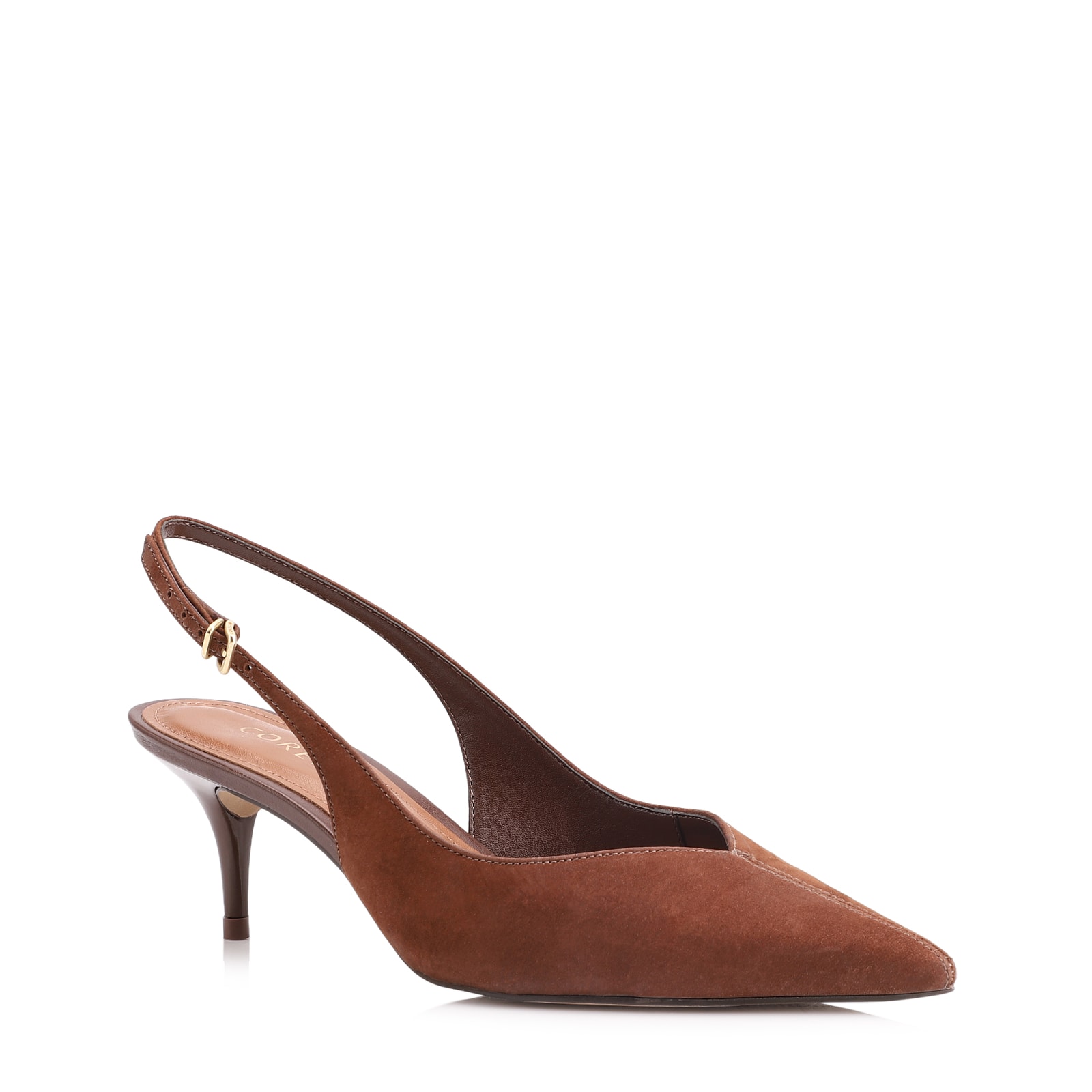 Scarpin Marrom Salto Baixo Fino Couro Nobuck Slingback