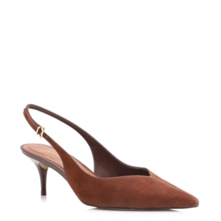 Marrom Salto Baixo Fino Couro Nobuck Slingback