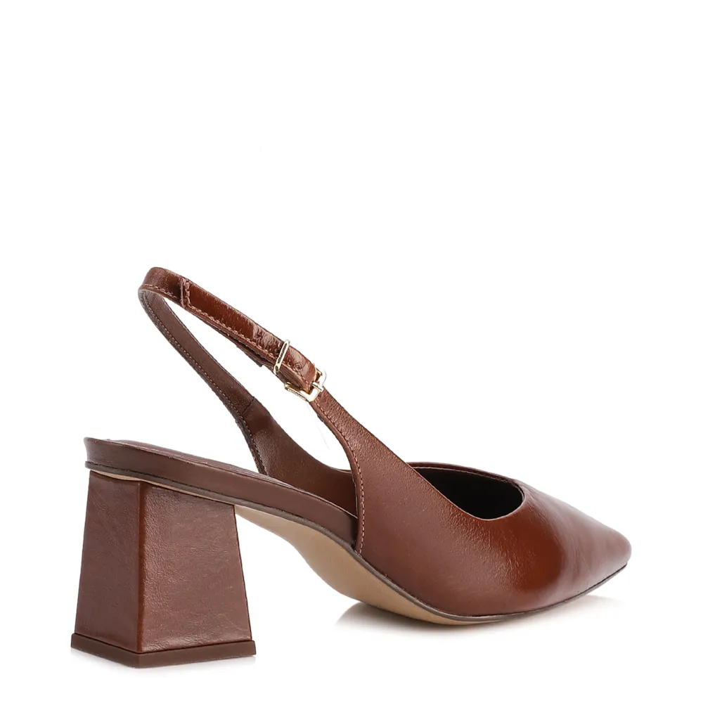 Scarpin Marrom Salto Bloco Médio Couro Bico Fino Slingback - imagem 3