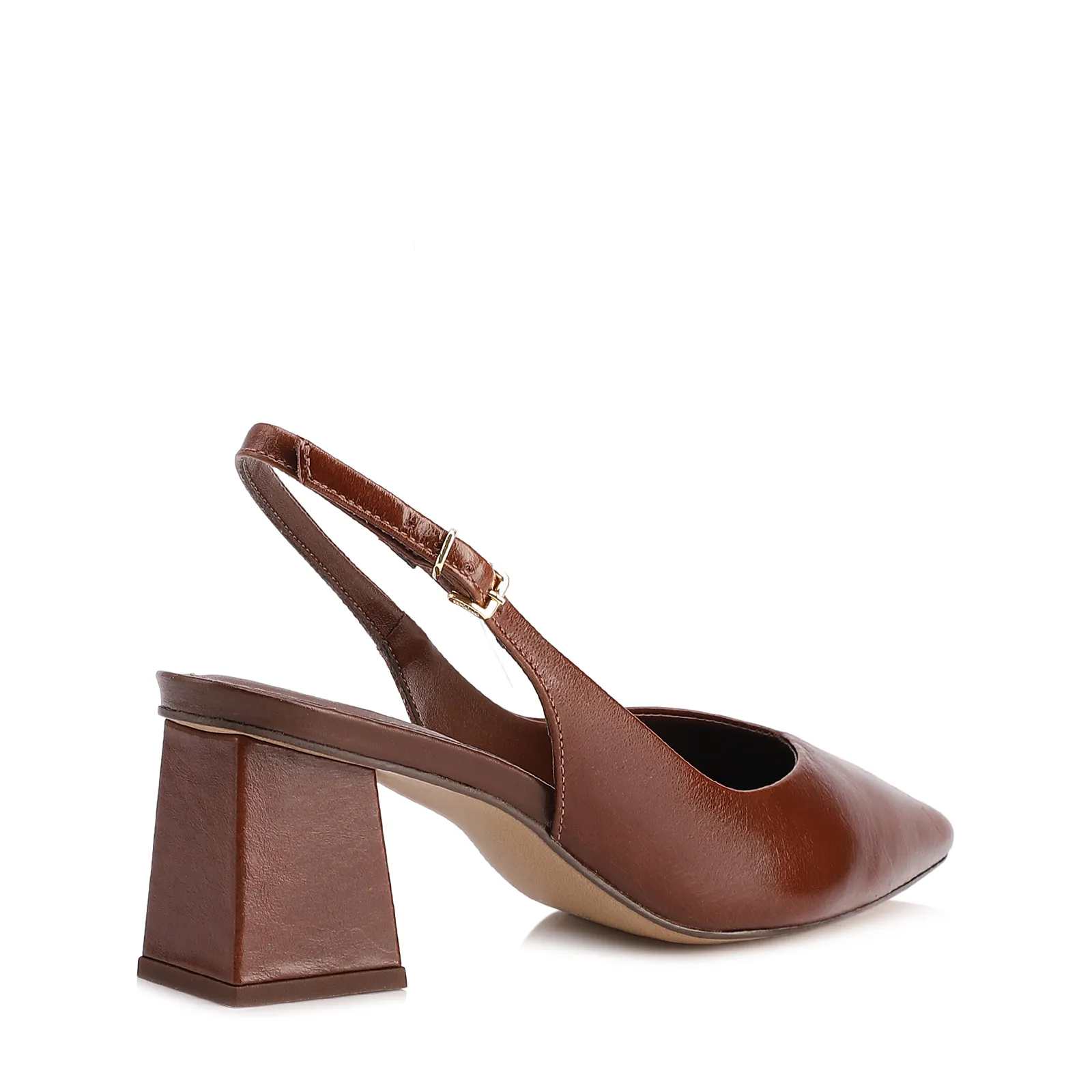Scarpin Marrom Salto Bloco Médio Couro Bico Fino Slingback