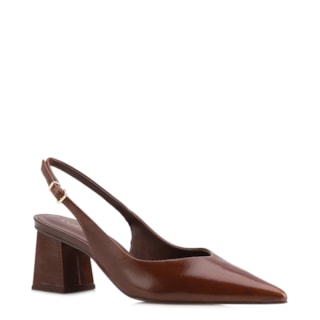 Marrom Salto Bloco Médio Couro Bico Fino Slingback