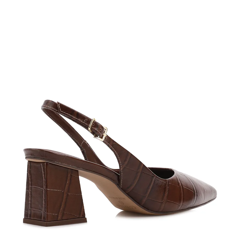Scarpin Marrom Salto Bloco Médio Couro Croco Bico Fino Slingback - imagem 3