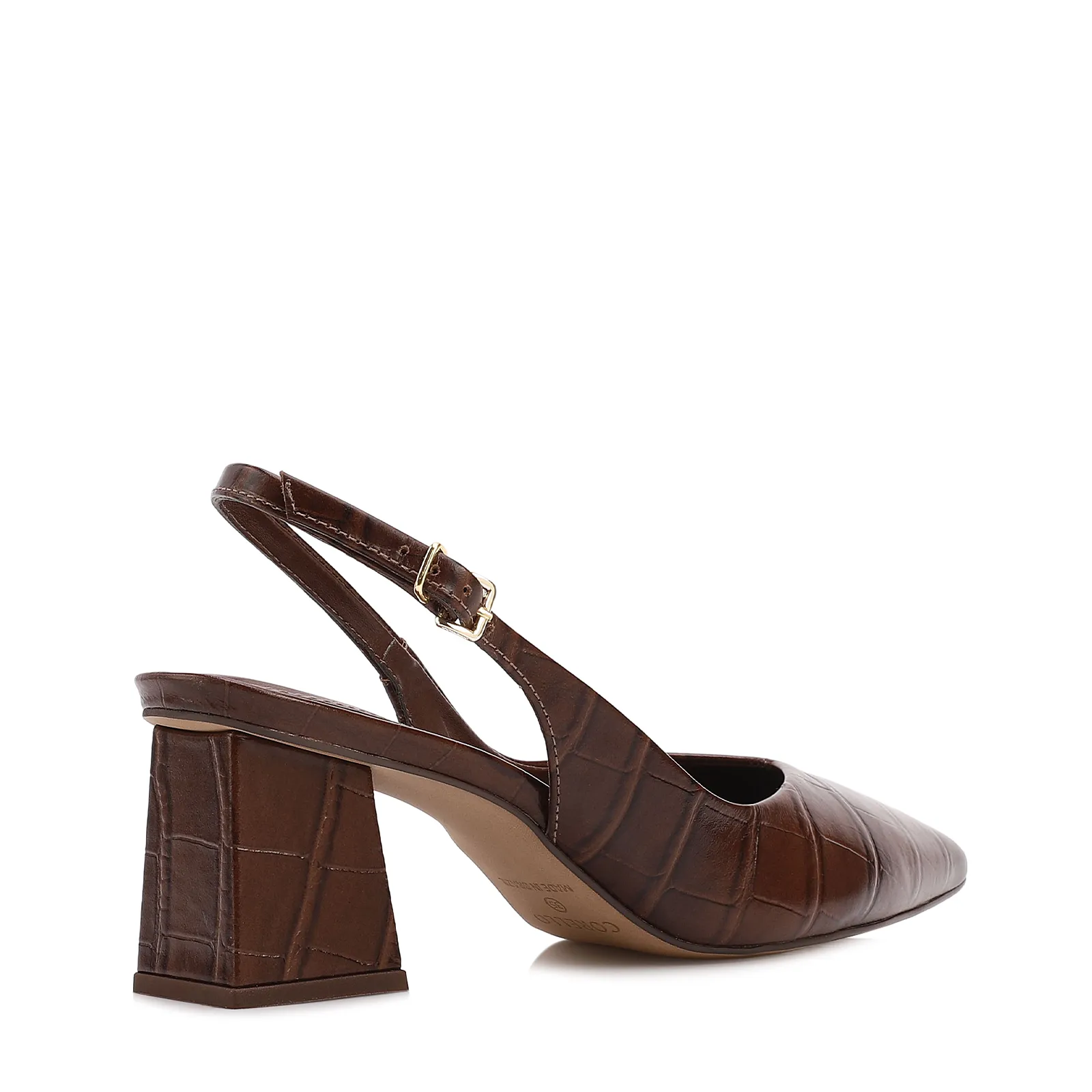 Scarpin Marrom Salto Bloco Médio Couro Croco Bico Fino Slingback