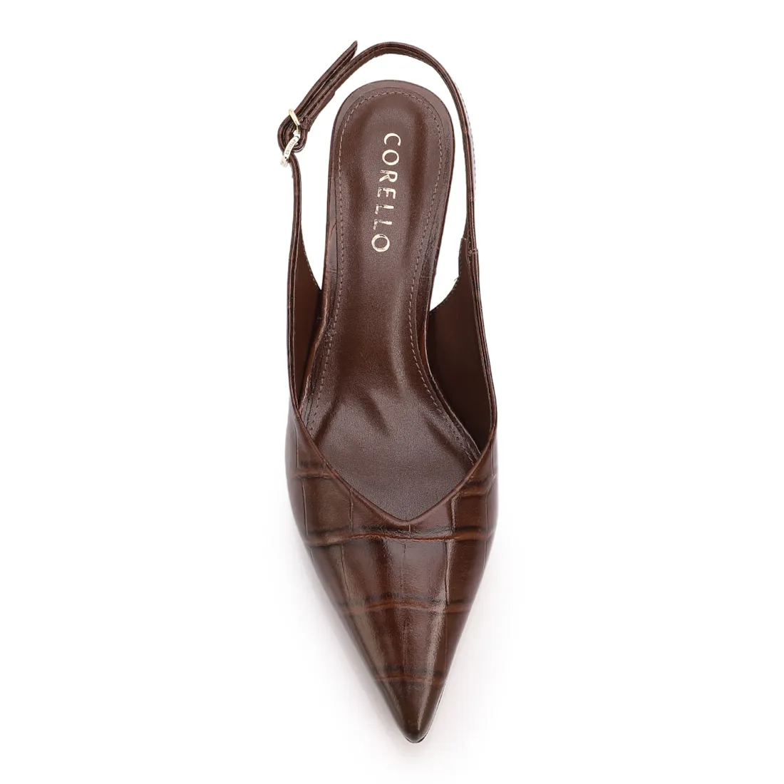 Scarpin Marrom Salto Bloco Médio Couro Croco Bico Fino Slingback - foto 6