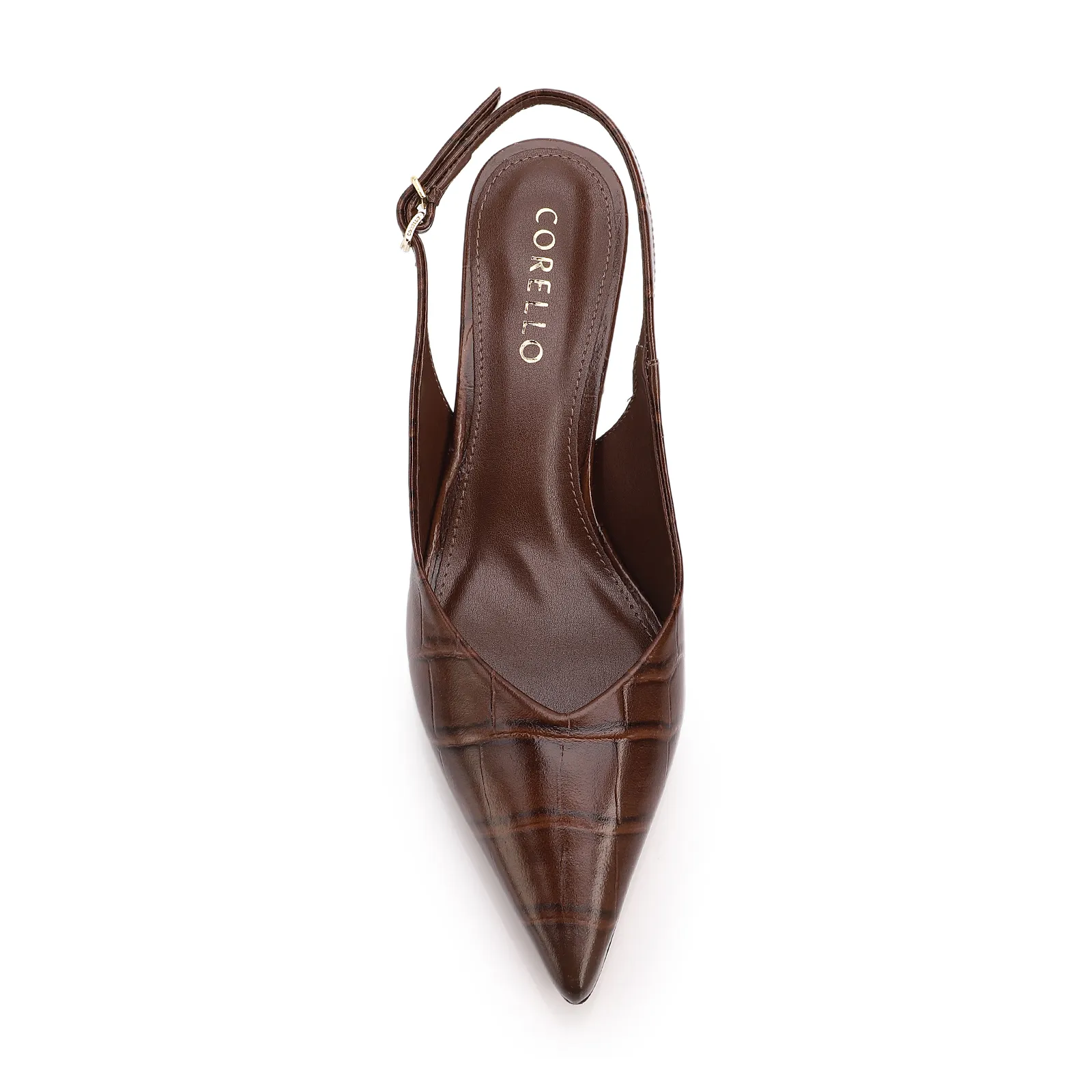 Scarpin Marrom Salto Bloco Médio Couro Croco Bico Fino Slingback