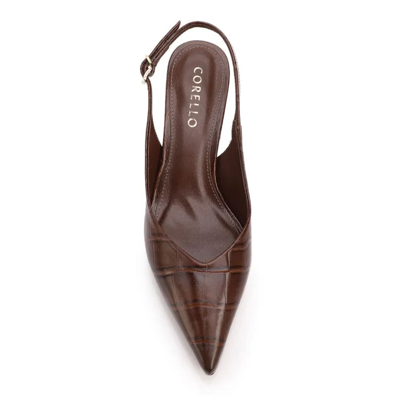 Scarpin Marrom Salto Bloco Médio Couro Croco Bico Fino Slingback - foto 5