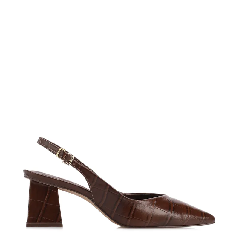 Scarpin Marrom Salto Bloco Médio Couro Croco Bico Fino Slingback - foto 2
