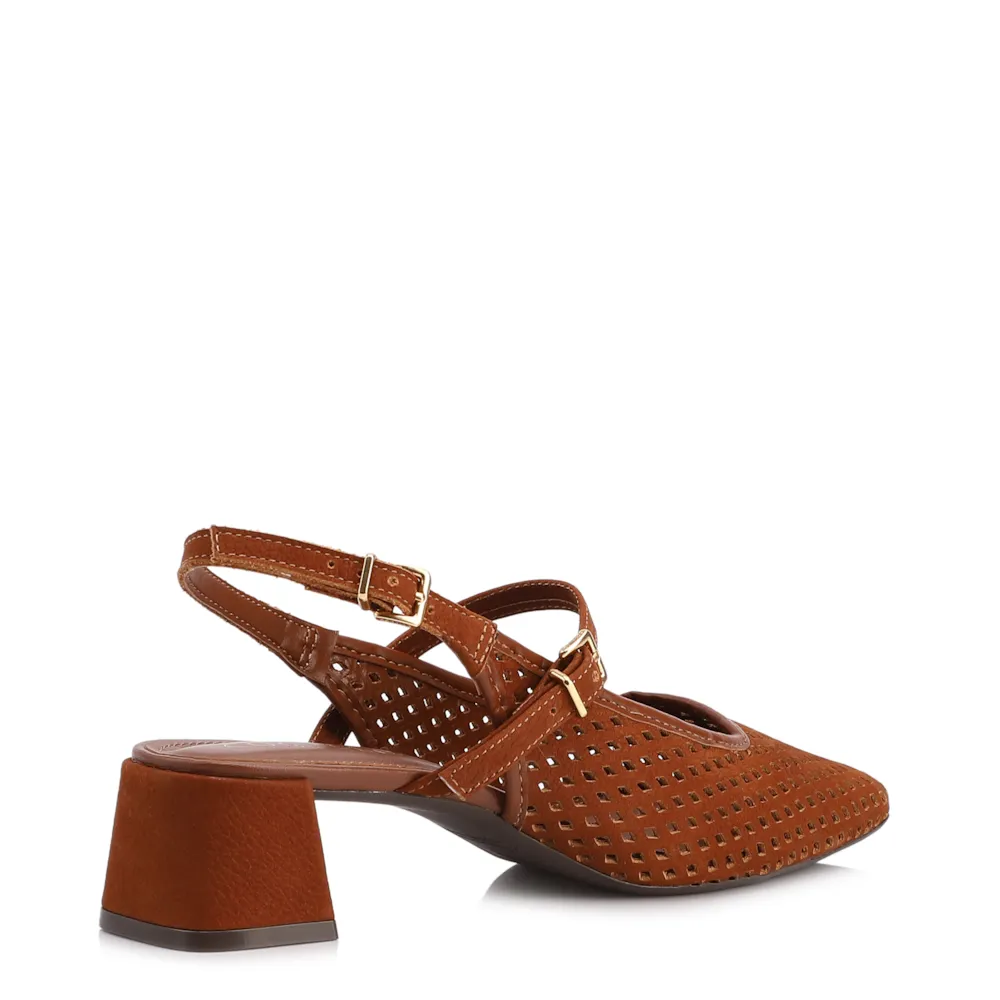 Scarpin Marrom Salto Bloco Médio Couro Nobuck Slingback Perfuros - imagem 3