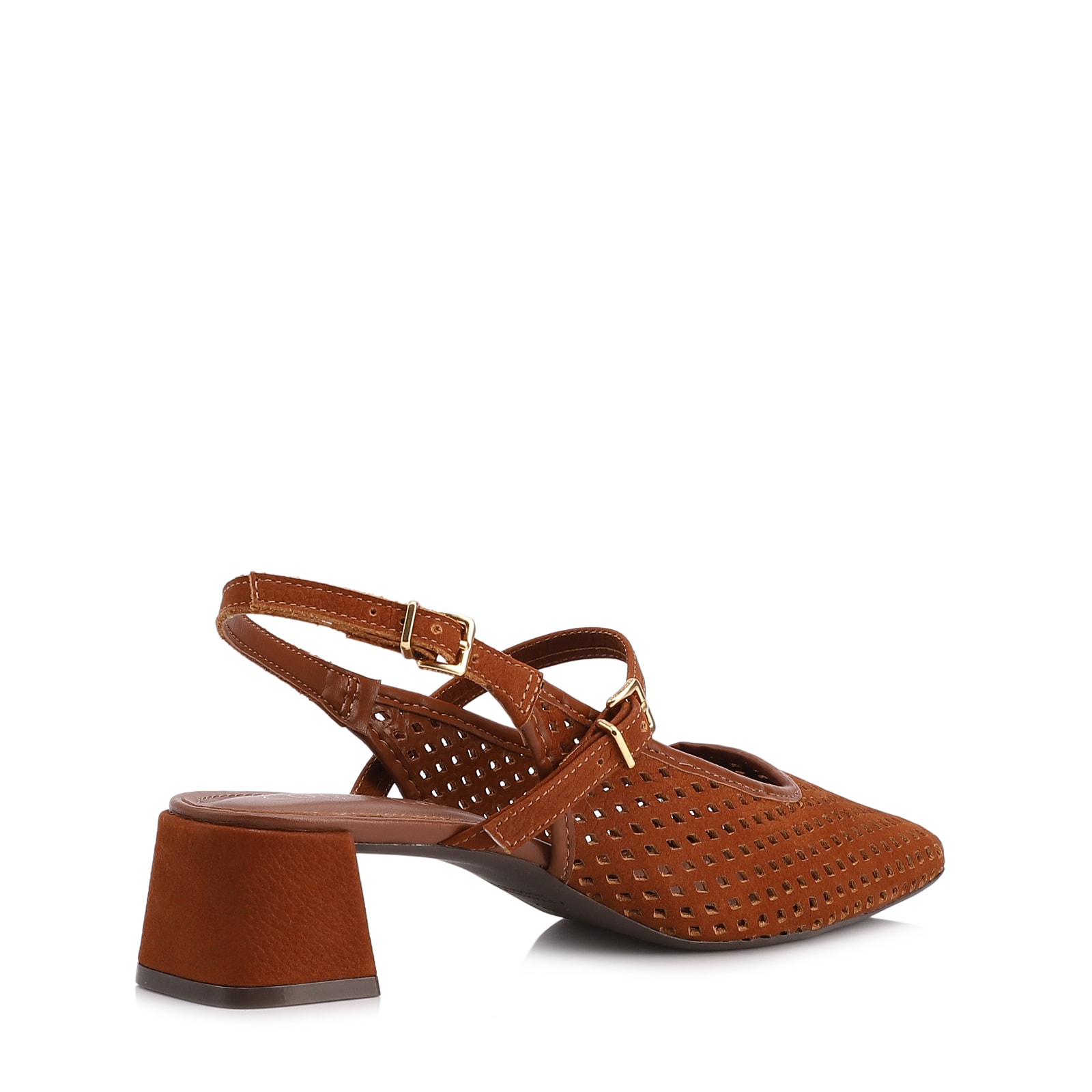 Scarpin Marrom Salto Bloco Médio Couro Nobuck Slingback Perfuros