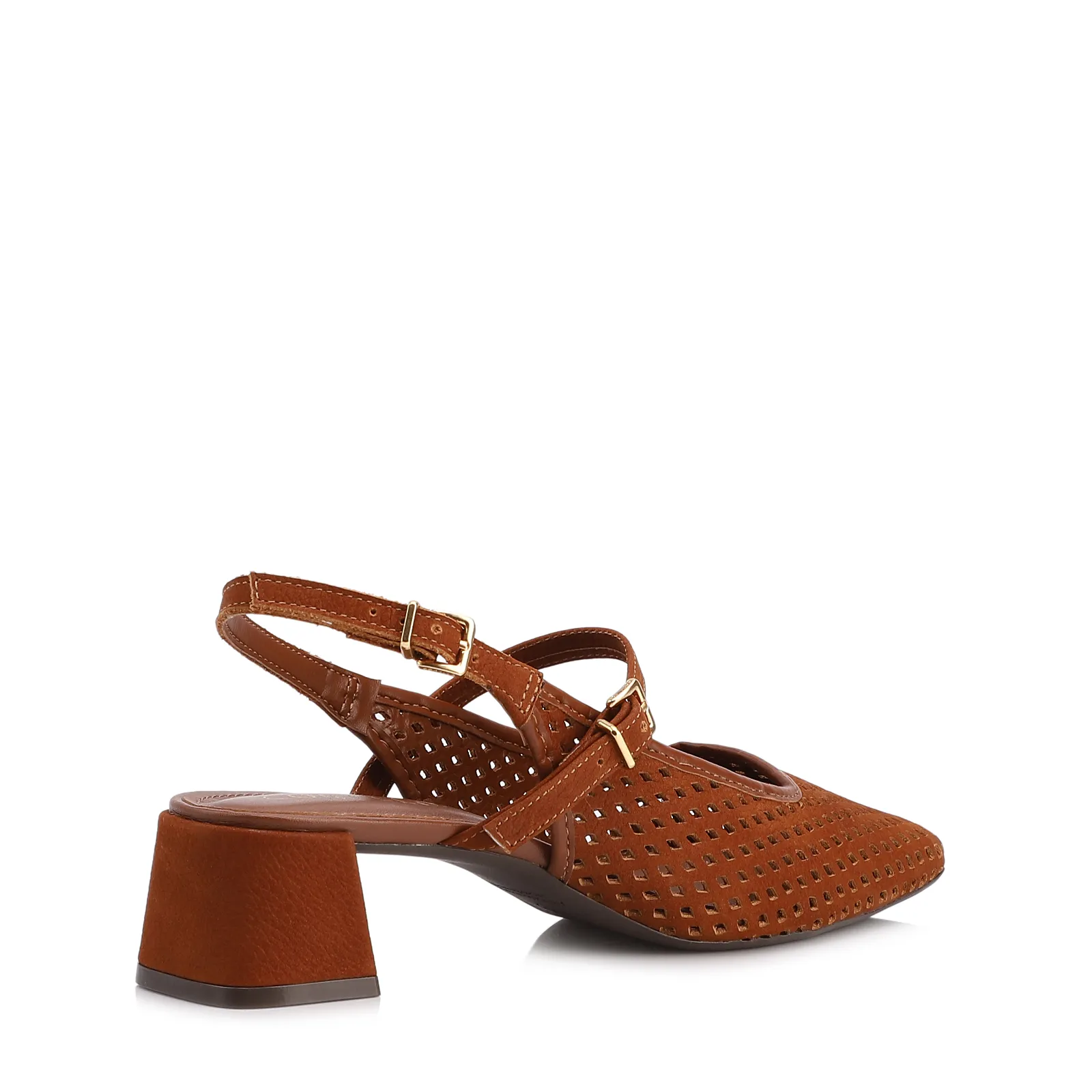 Scarpin Marrom Salto Bloco Médio Couro Nobuck Slingback Perfuros