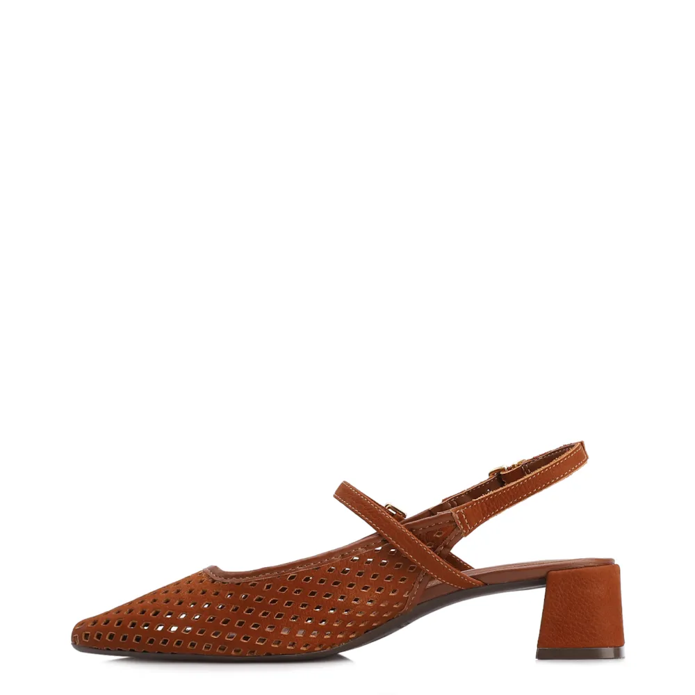 Scarpin Marrom Salto Bloco Médio Couro Nobuck Slingback Perfuros - imagem 4