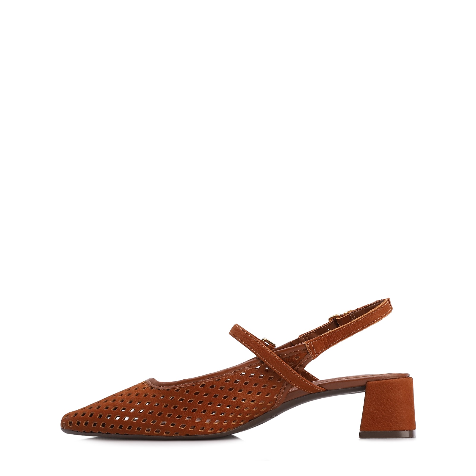 Scarpin Marrom Salto Bloco Médio Couro Nobuck Slingback Perfuros