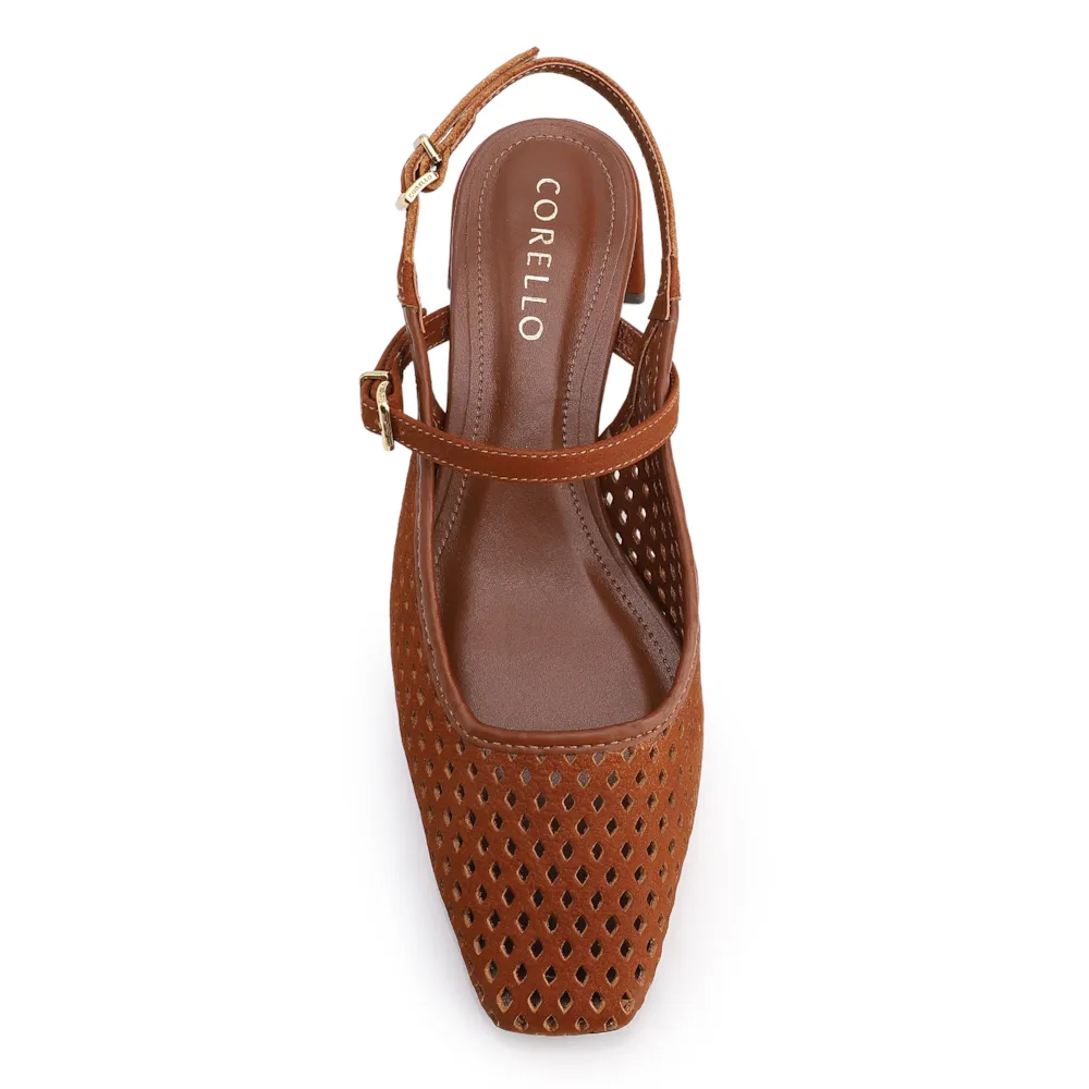 Scarpin Marrom Salto Bloco Médio Couro Nobuck Slingback Perfuros - imagem 5