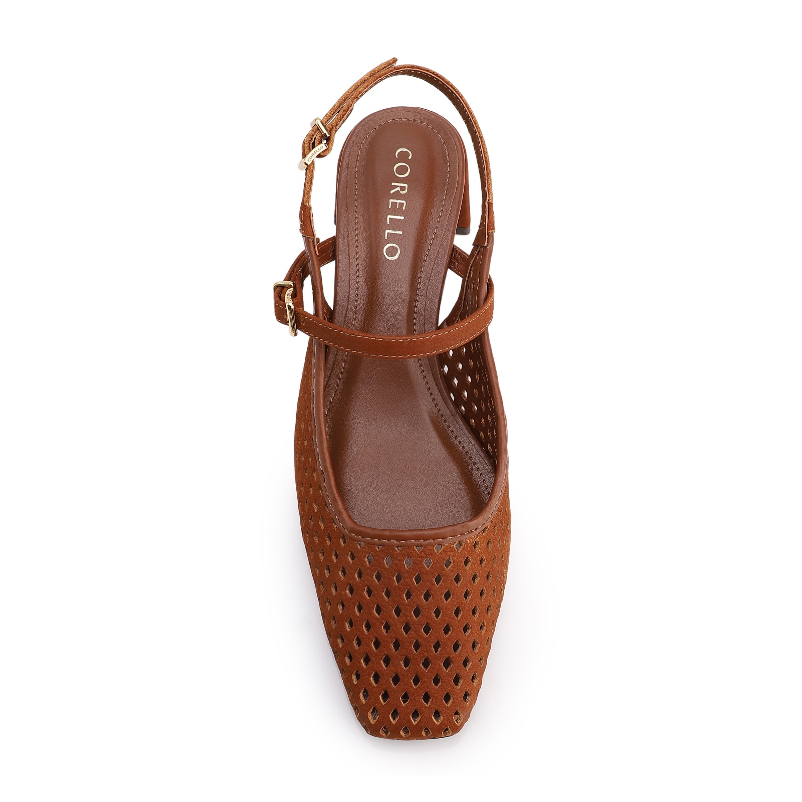 Scarpin Marrom Salto Bloco Médio Couro Nobuck Slingback Perfuros