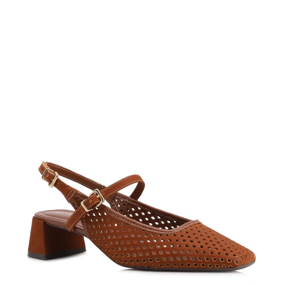 Scarpin Marrom Salto Bloco Médio Couro Nobuck Slingback Perfuros