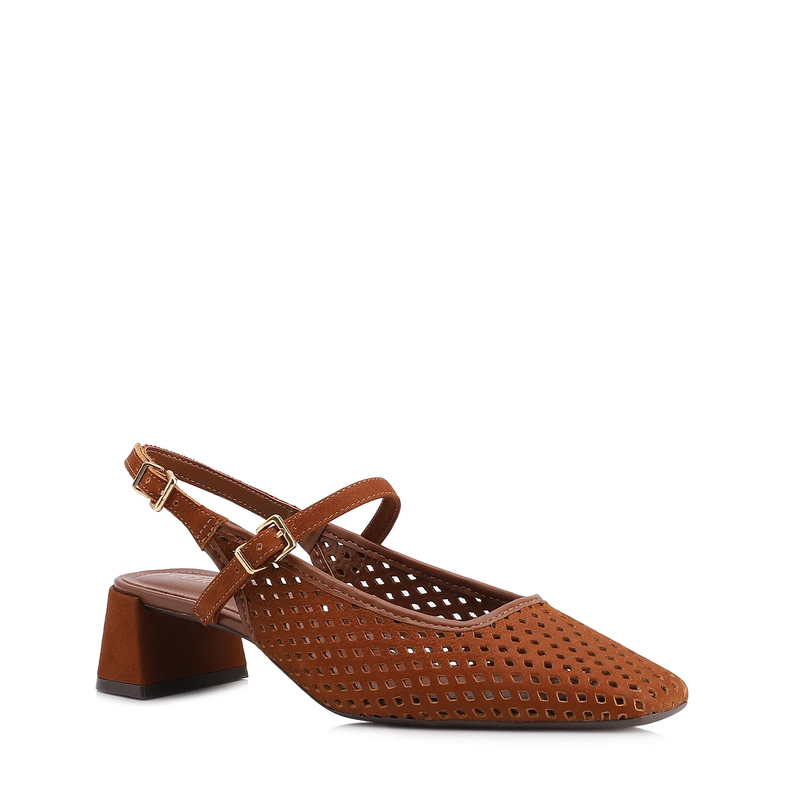Scarpin Marrom Salto Bloco Médio Couro Nobuck Slingback Perfuros