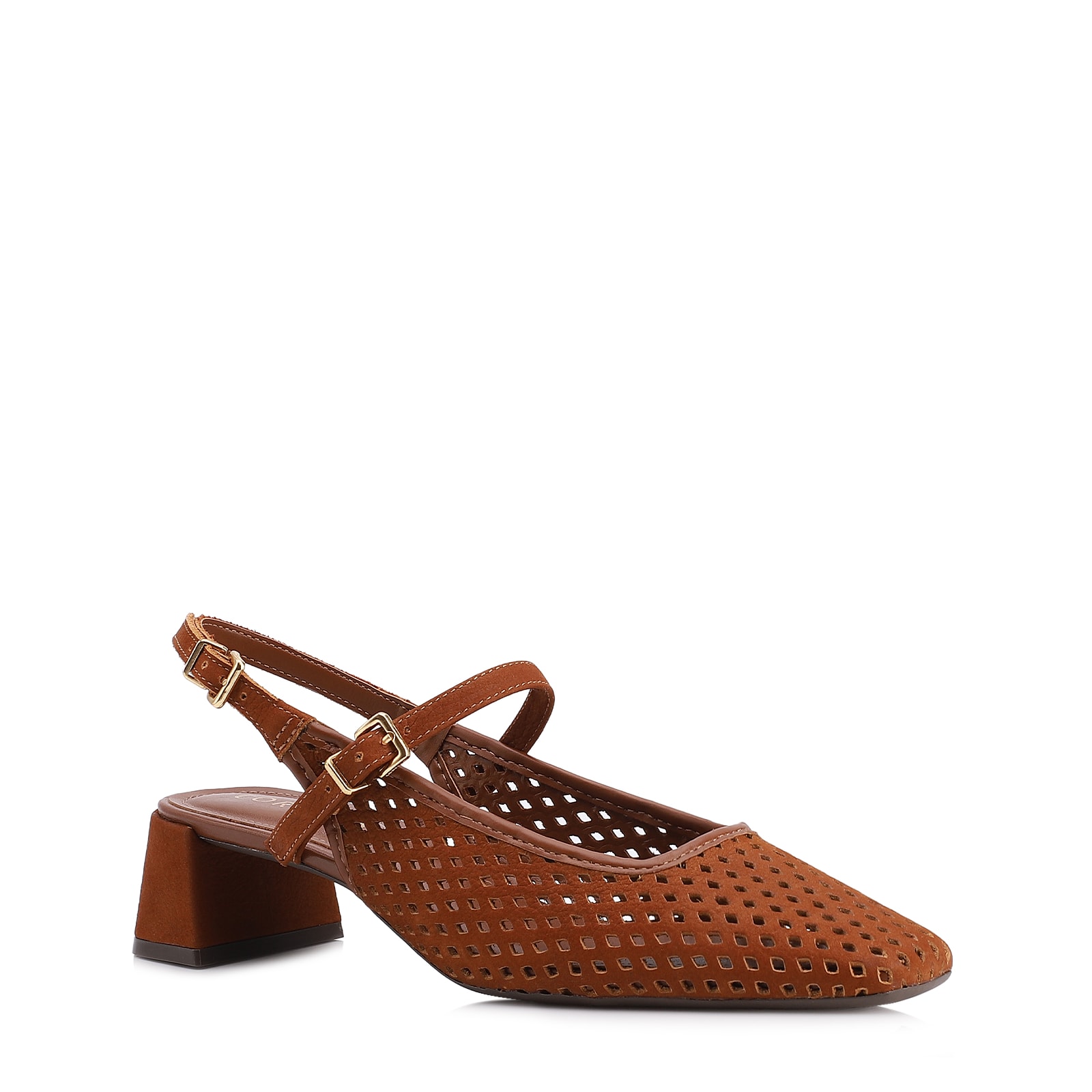 Scarpin Marrom Salto Bloco Médio Couro Nobuck Slingback Perfuros