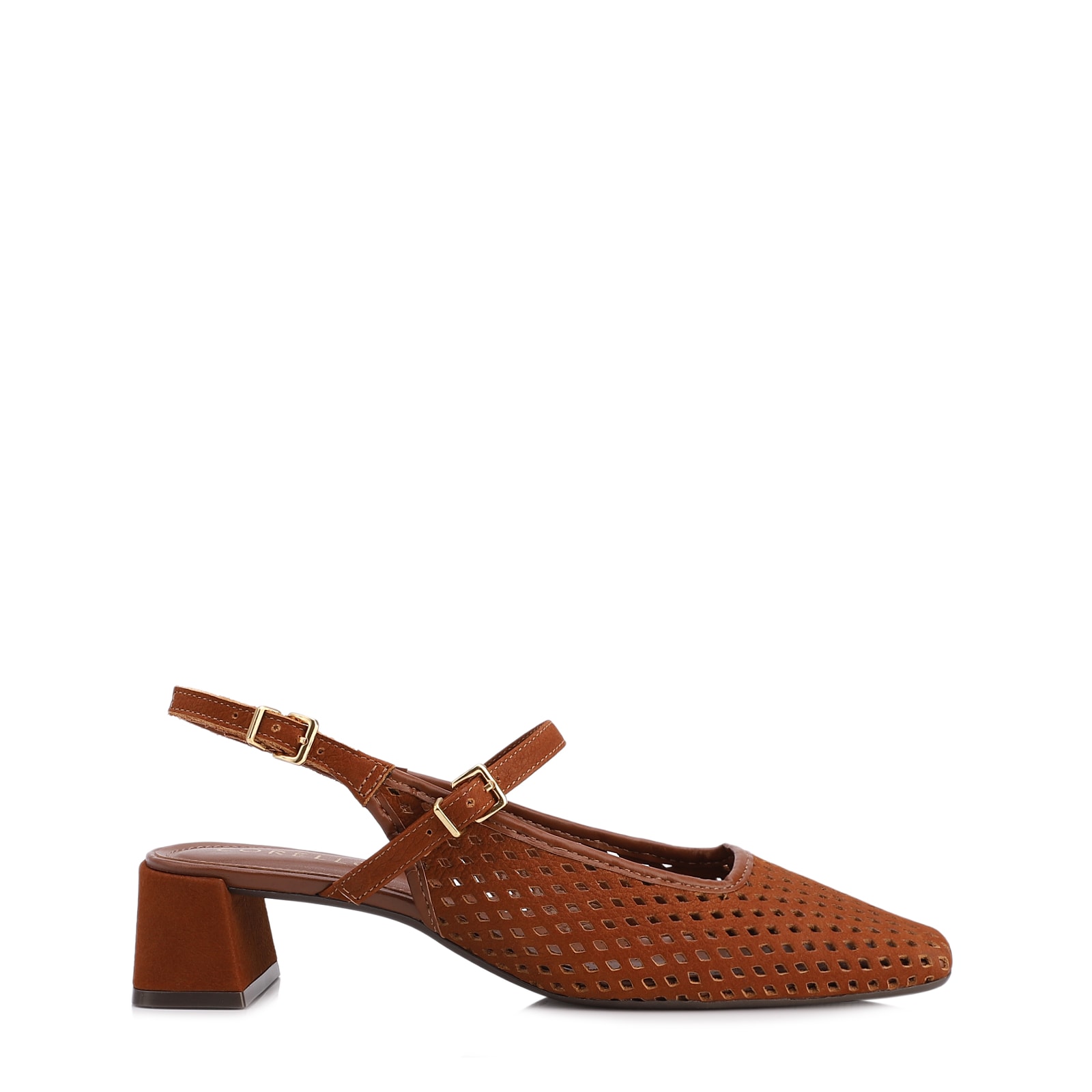 Scarpin Marrom Salto Bloco Médio Couro Nobuck Slingback Perfuros