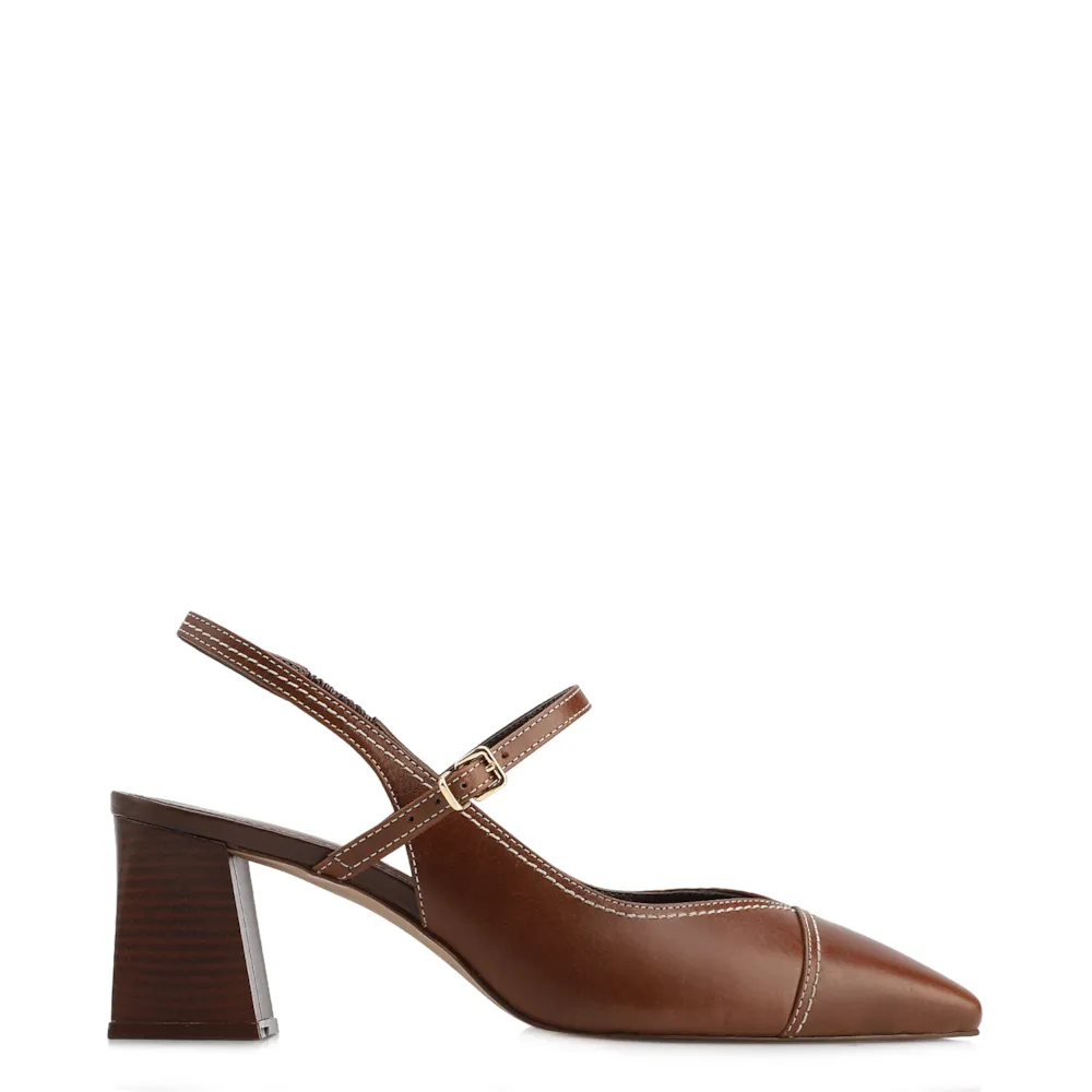Scarpin Marrom Salto Bloco Médio Couro Pesponto Slingback - imagem 3
