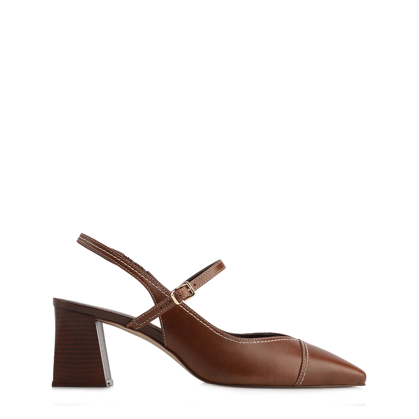 Scarpin Marrom Salto Bloco Médio Couro Pesponto Slingback