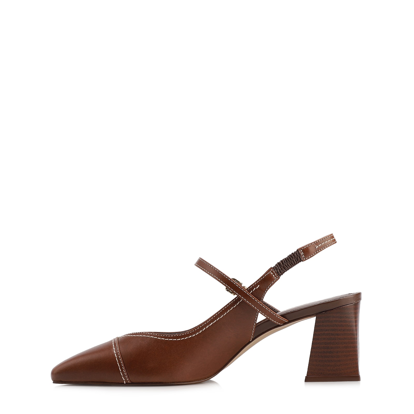 Scarpin Marrom Salto Bloco Médio Couro Pesponto Slingback