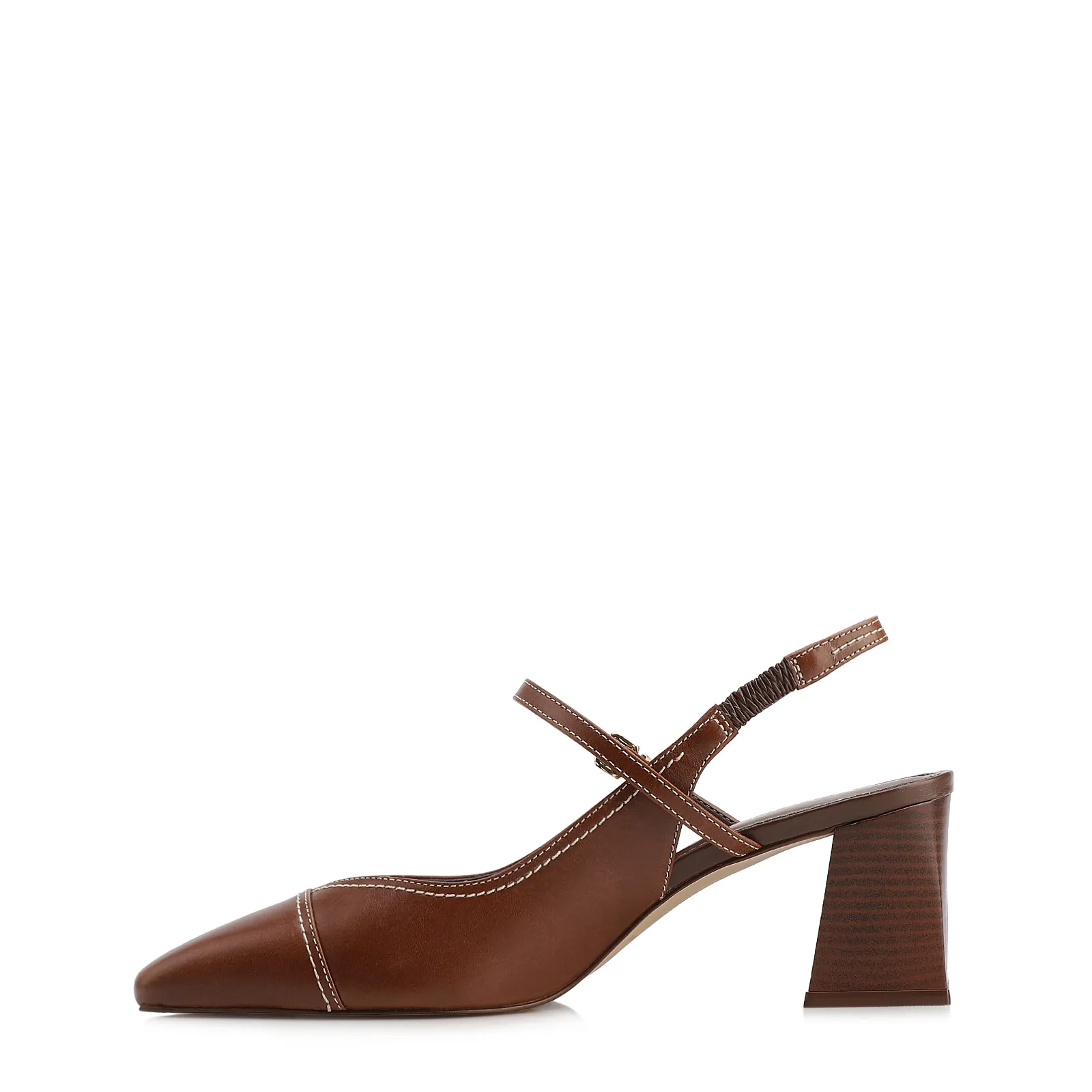 Scarpin Marrom Salto Bloco Médio Couro Pesponto Slingback