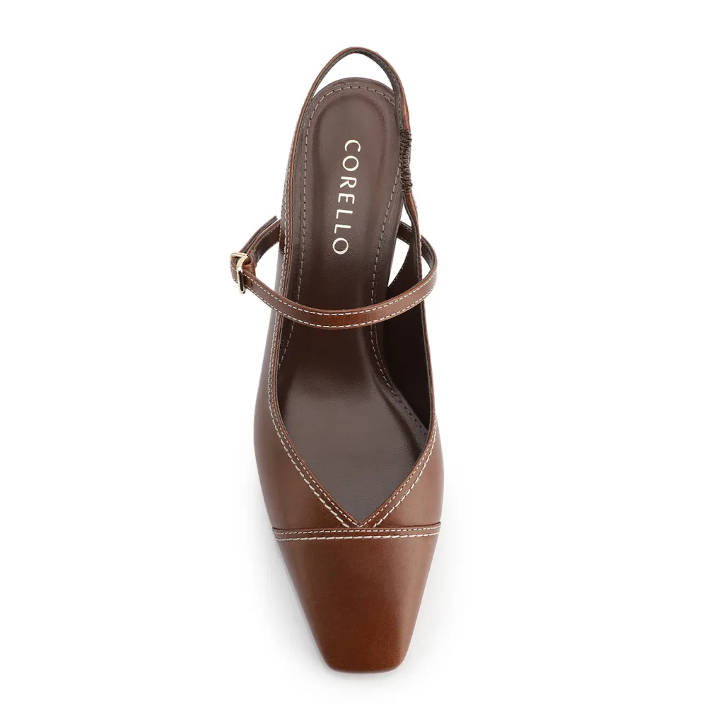 Scarpin Marrom Salto Bloco Médio Couro Pesponto Slingback - imagem 6