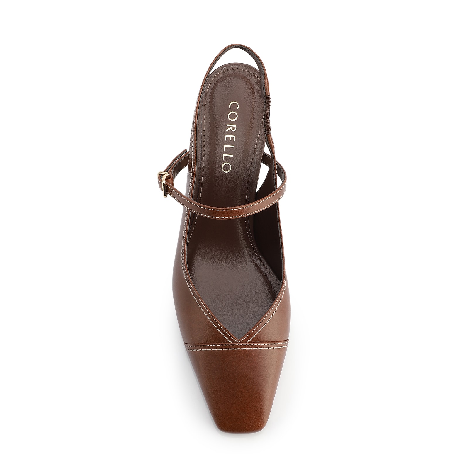 Scarpin Marrom Salto Bloco Médio Couro Pesponto Slingback