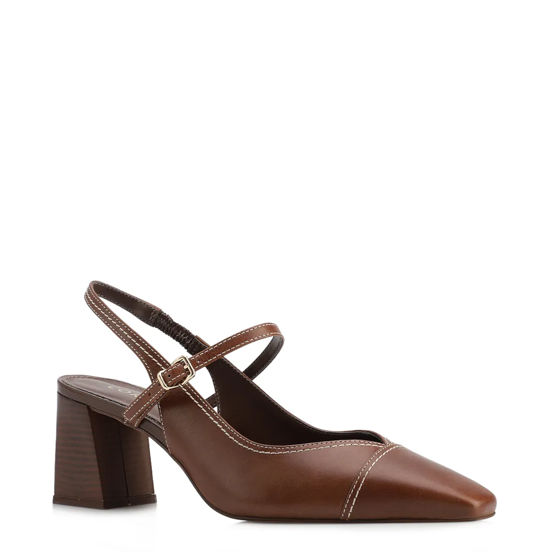 Scarpin Marrom Salto Bloco Médio Couro Pesponto Slingback