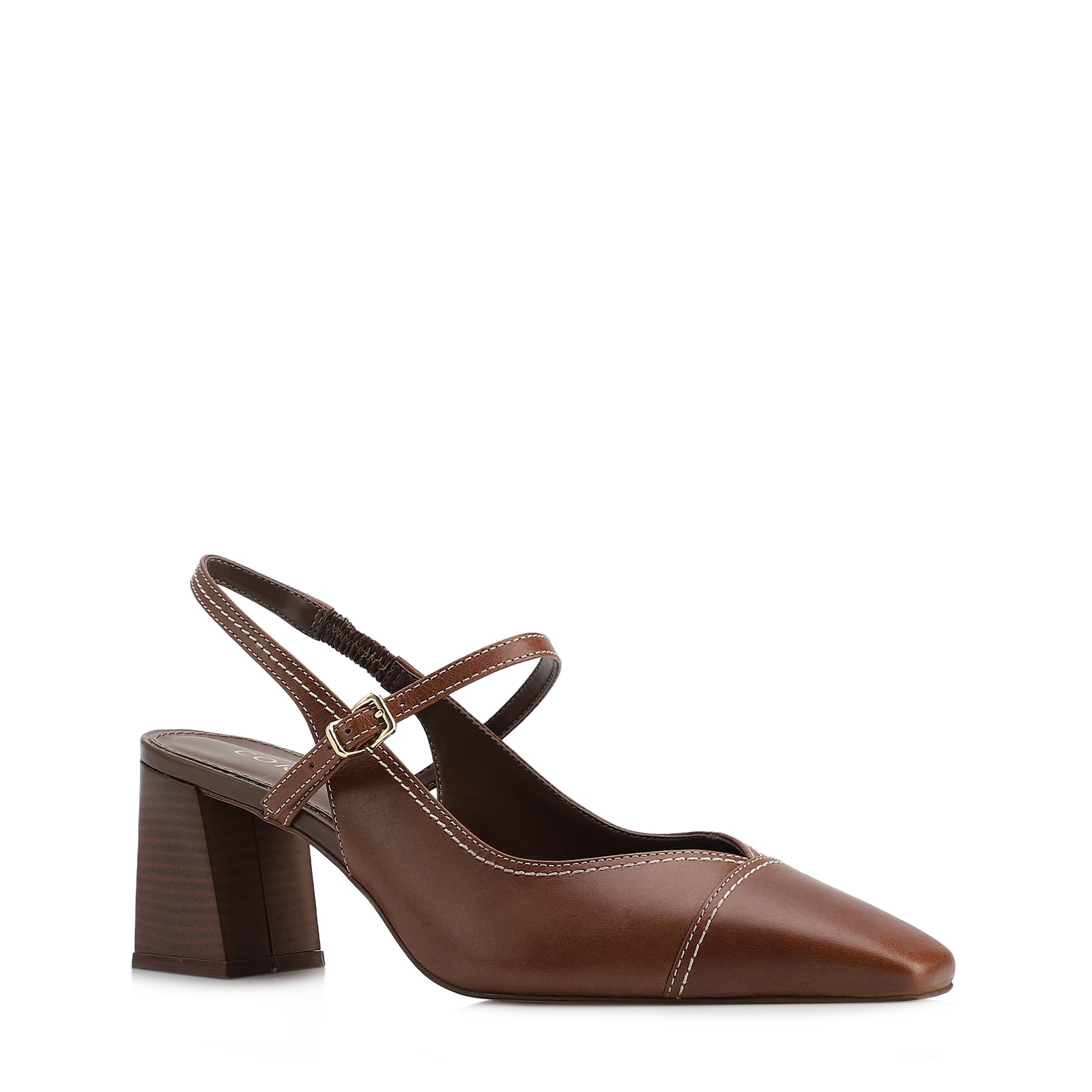 Scarpin Marrom Salto Bloco Médio Couro Pesponto Slingback