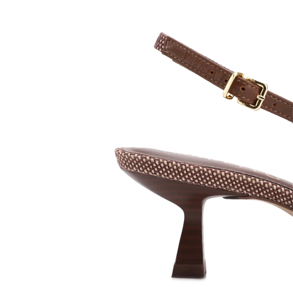 Scarpin Marrom Salto Fino Baixo Linho/Couro Slingback - imagem 7