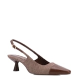 Scarpin Marrom Salto Fino Baixo Linho/Couro Slingback