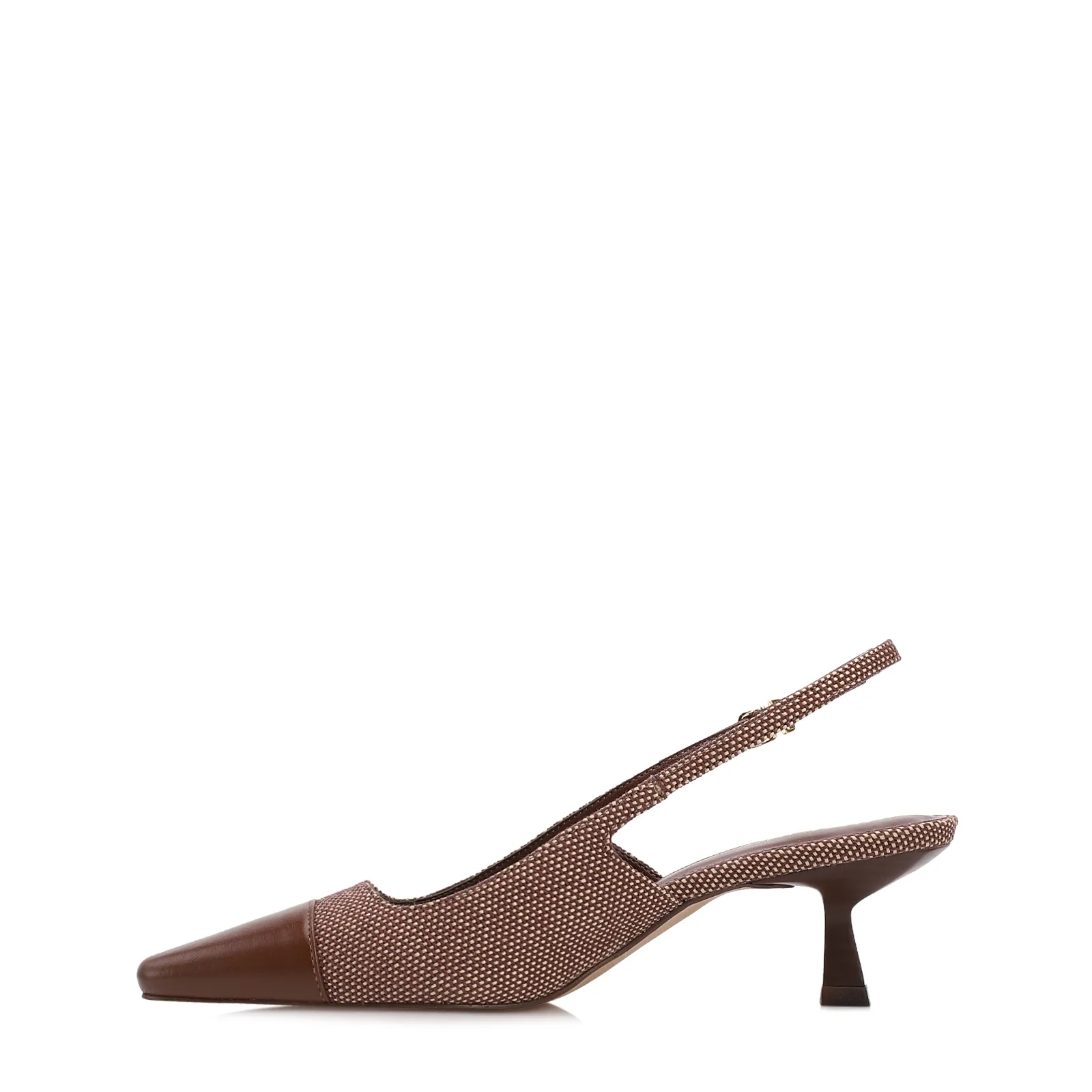 Scarpin Marrom Salto Fino Baixo Linho/Couro Slingback