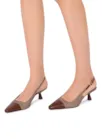 Scarpin Marrom Salto Fino Baixo Linho/Couro Slingback - imagem 2