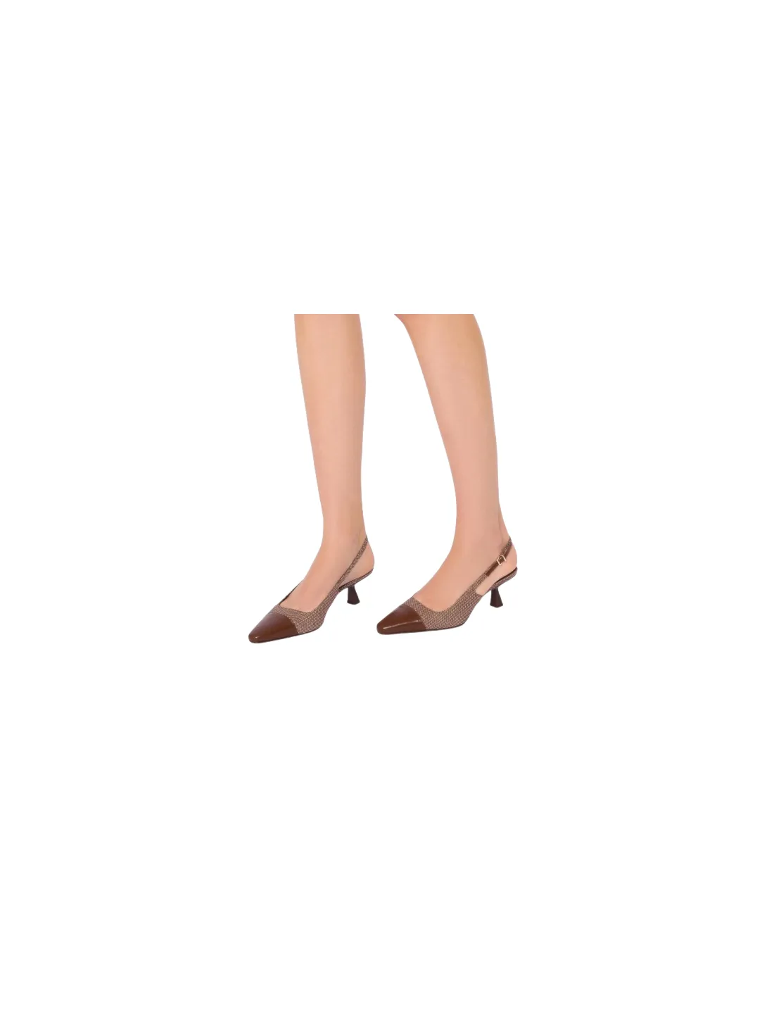 Scarpin Marrom Salto Fino Baixo Linho/Couro Slingback - foto 2