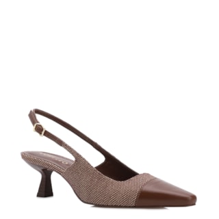 Marrom salto Fino baixo Linho/Couro slingback