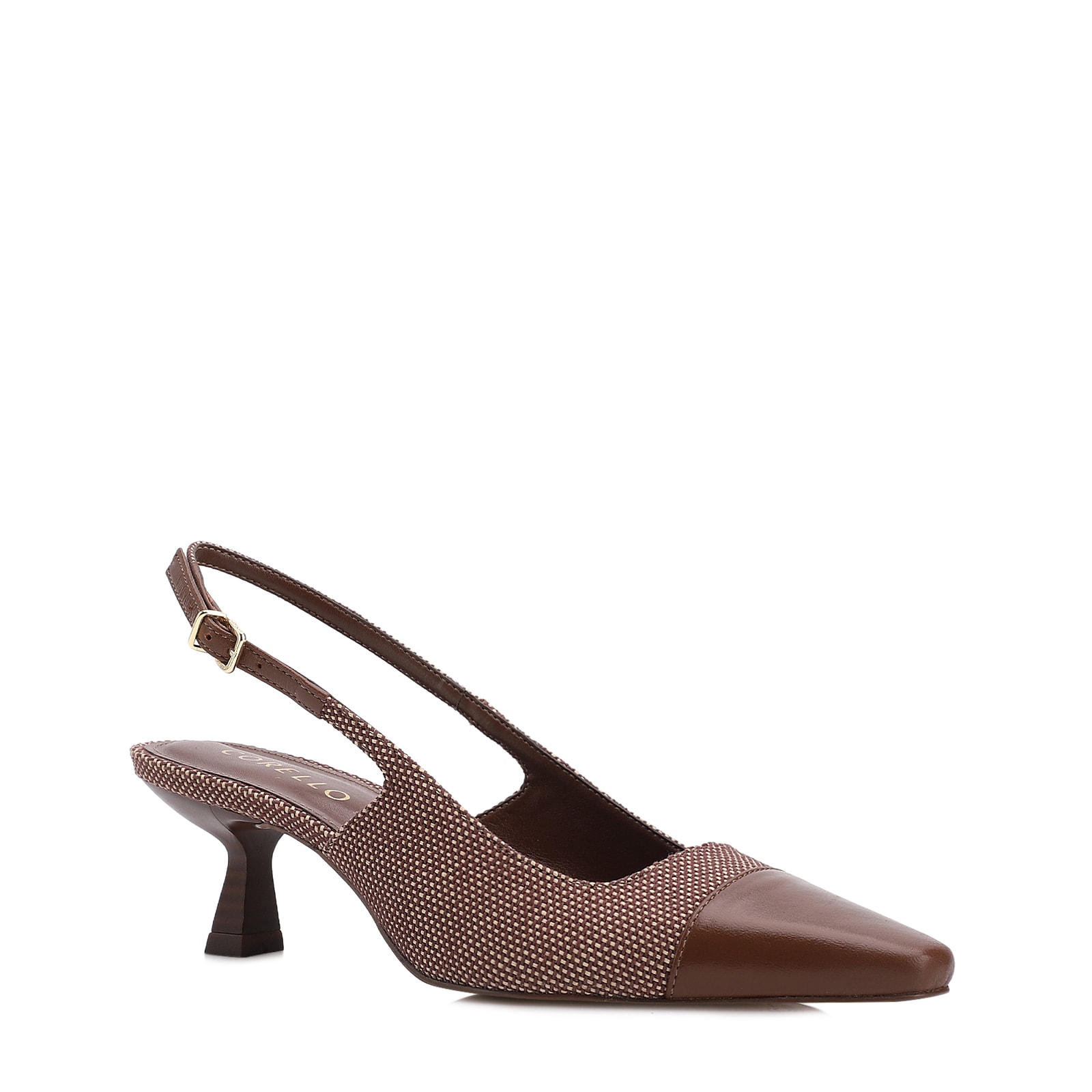 Scarpin Marrom Salto Fino Baixo Ráfia/Couro Slingback