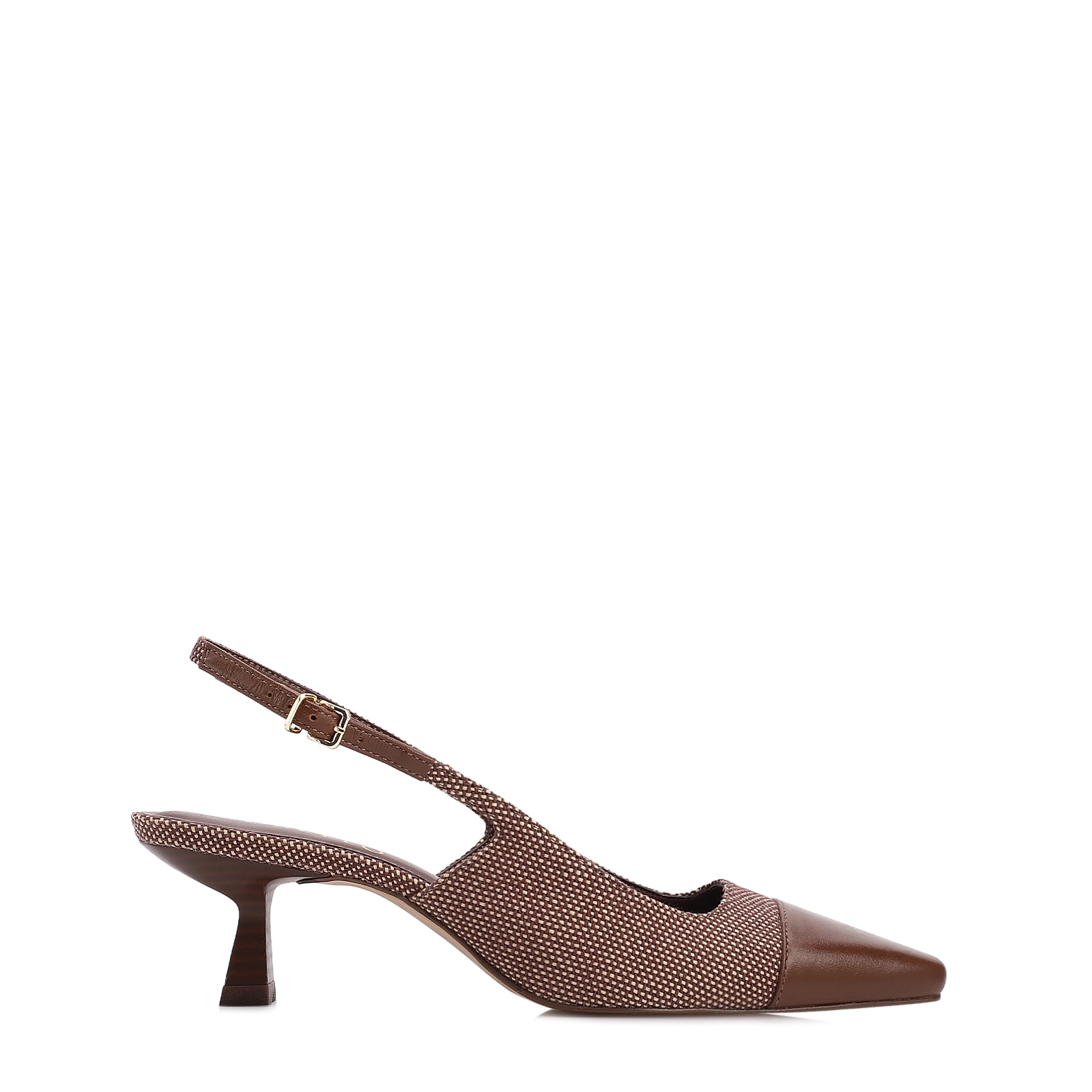 Scarpin Marrom Salto Fino Baixo Ráfia/Couro Slingback